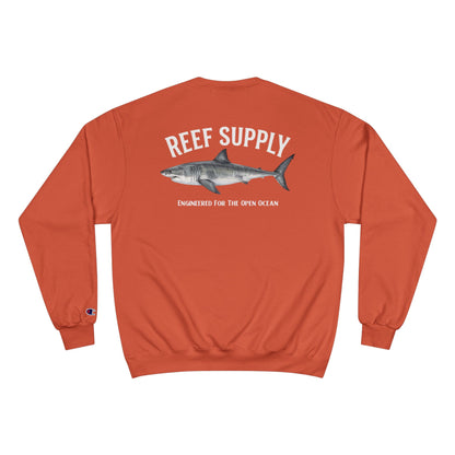Back view of an orange Reef Supply crewneck sweatshirt featuring a great white shark graphic.