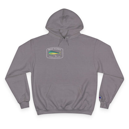 The front of a premium Champion gray pullover hoodie, crafted for those who respect the sea. It features a bold, high-definition print of a vibrant Mahi Mahi—a tribute to the thrill of the offshore hunt. Paired with 'Reef Supply' coastal branding and the iconic 'Pacific & Atlantic' call-out, this Champion-quality garment delivers the durability needed for the marina and the style of a dedicated angler