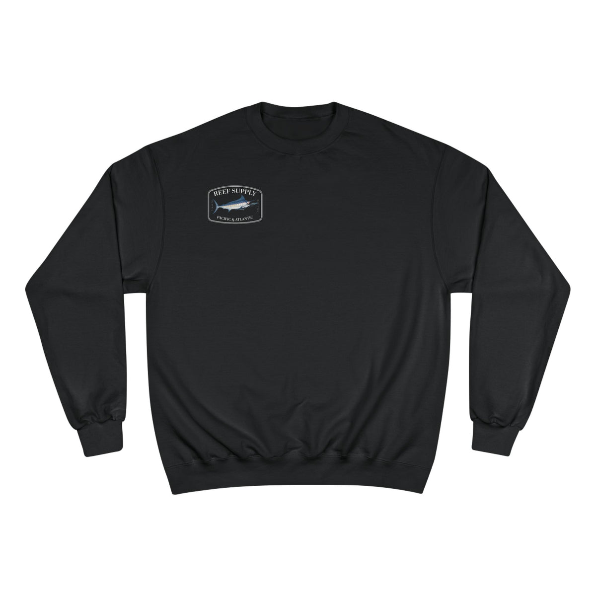 Black Reef Supply Champion Marlin crewneck sweatshirt with marlin logo on the chest.