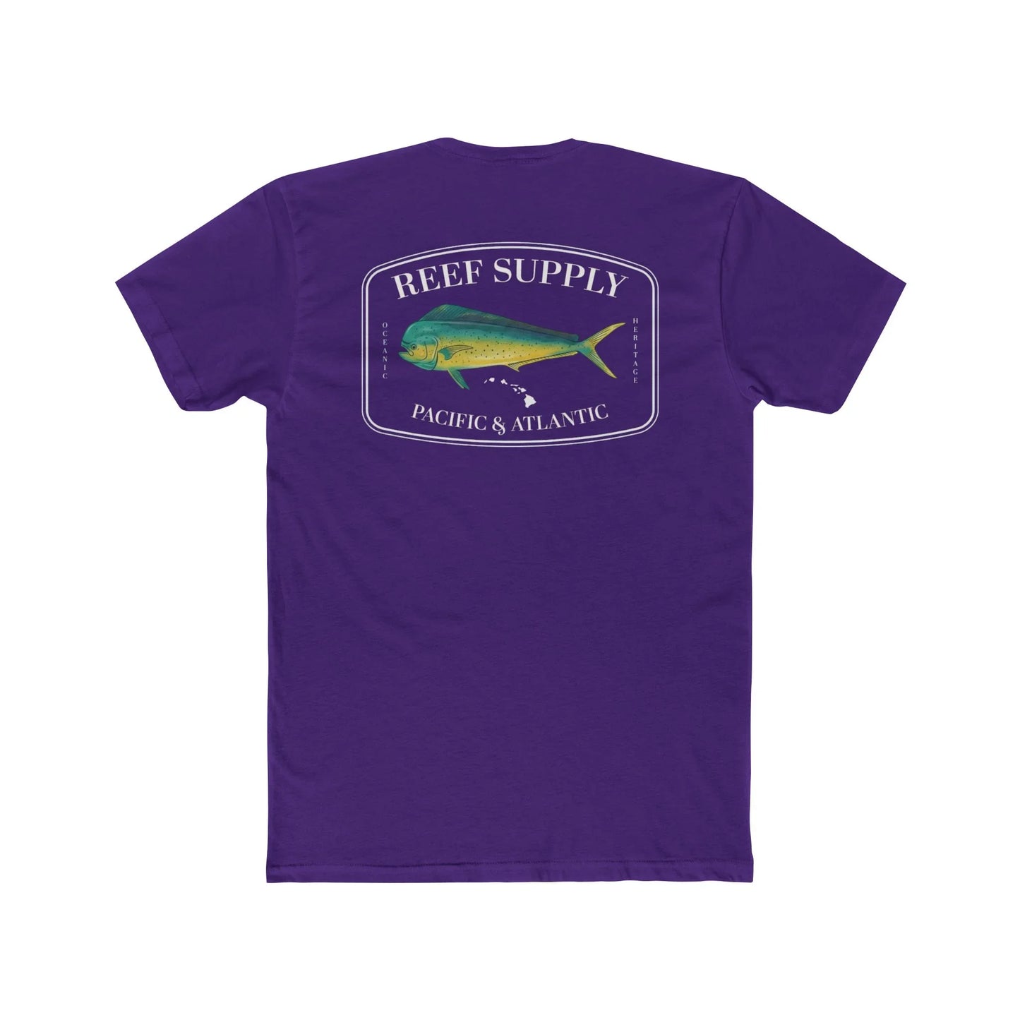 Reef Supply Co purple mahi mahi fishing t shirt featuring colorful dolphin fish artwork inspired by offshore saltwater fishing
