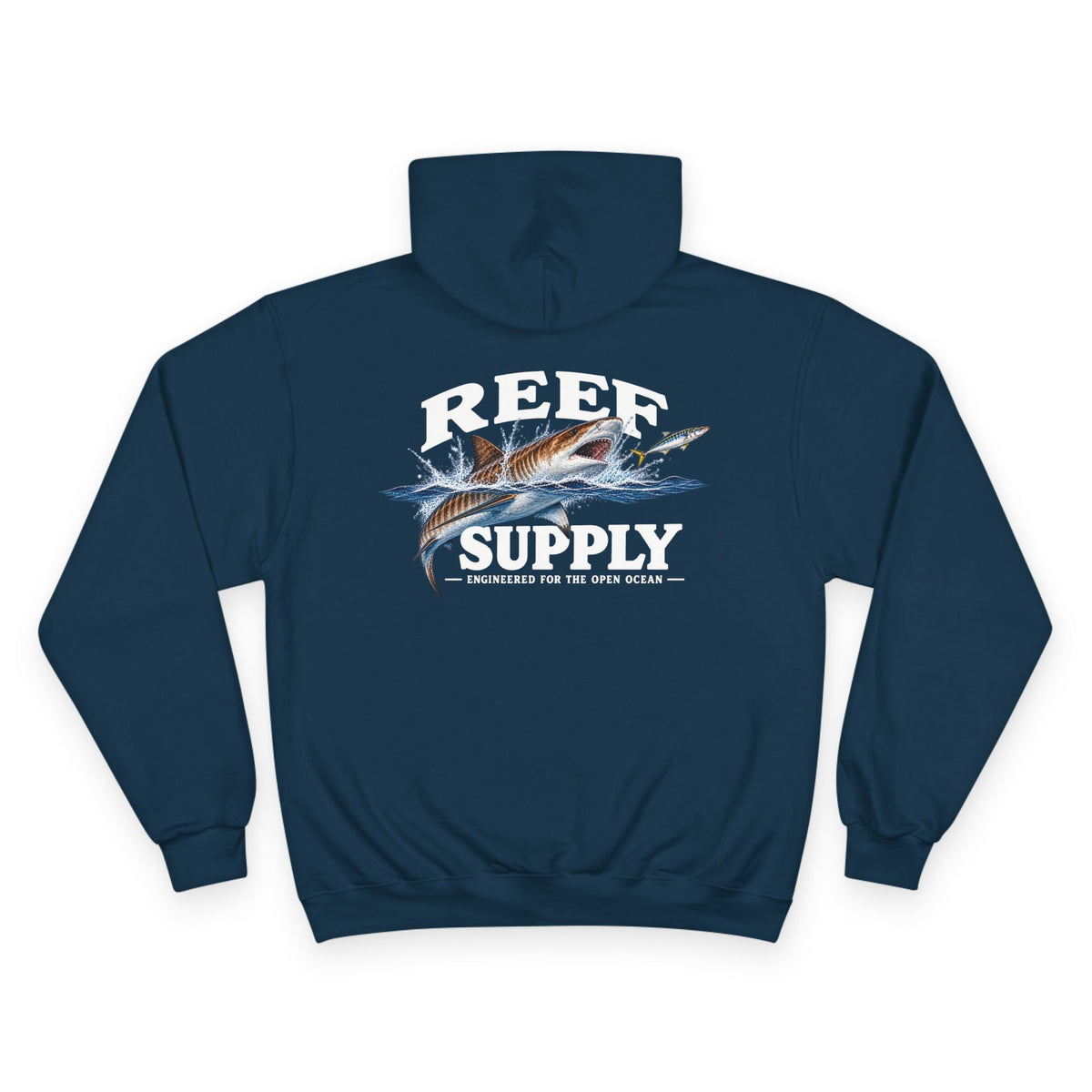 Back view of a navy blue Reef Supply hoodie featuring a tiger shark graphic and 'REEF SUPPLY' text.