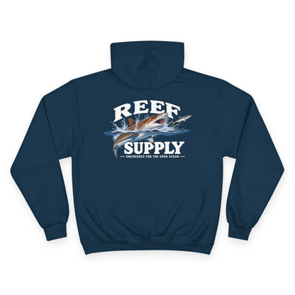 Back view of a navy blue Reef Supply hoodie featuring a tiger shark graphic and 'REEF SUPPLY' text.