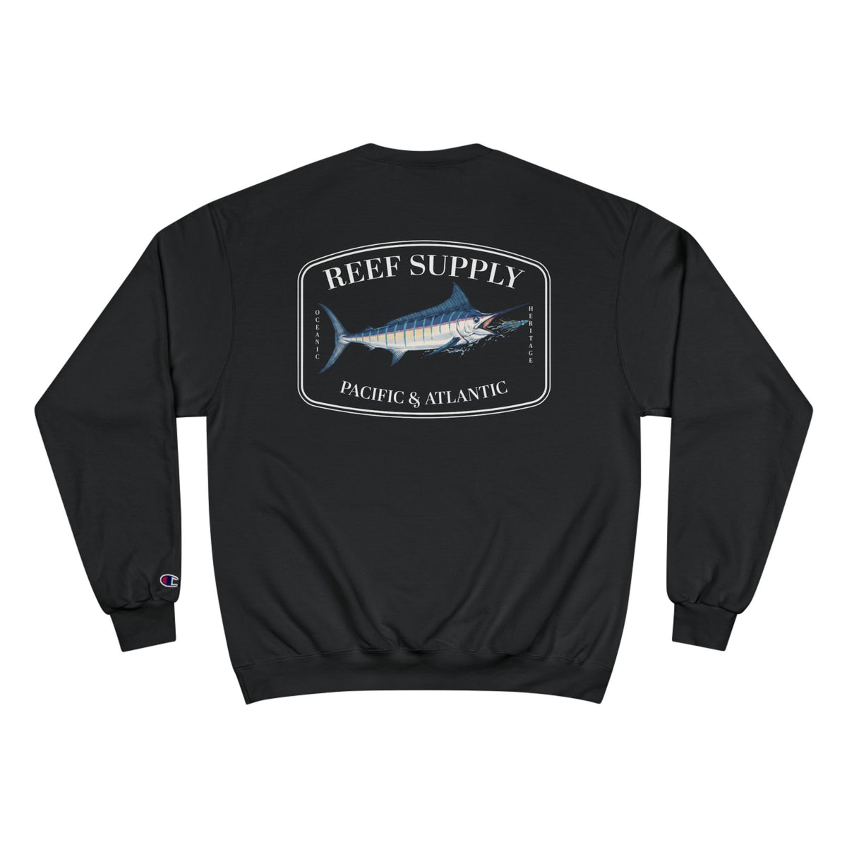 Back view of a black Reef Supply Champion Marlin Crewneck with a marlin graphic logo.