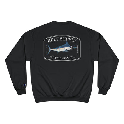 Back view of a black Reef Supply Champion Marlin Crewneck with a marlin graphic logo.