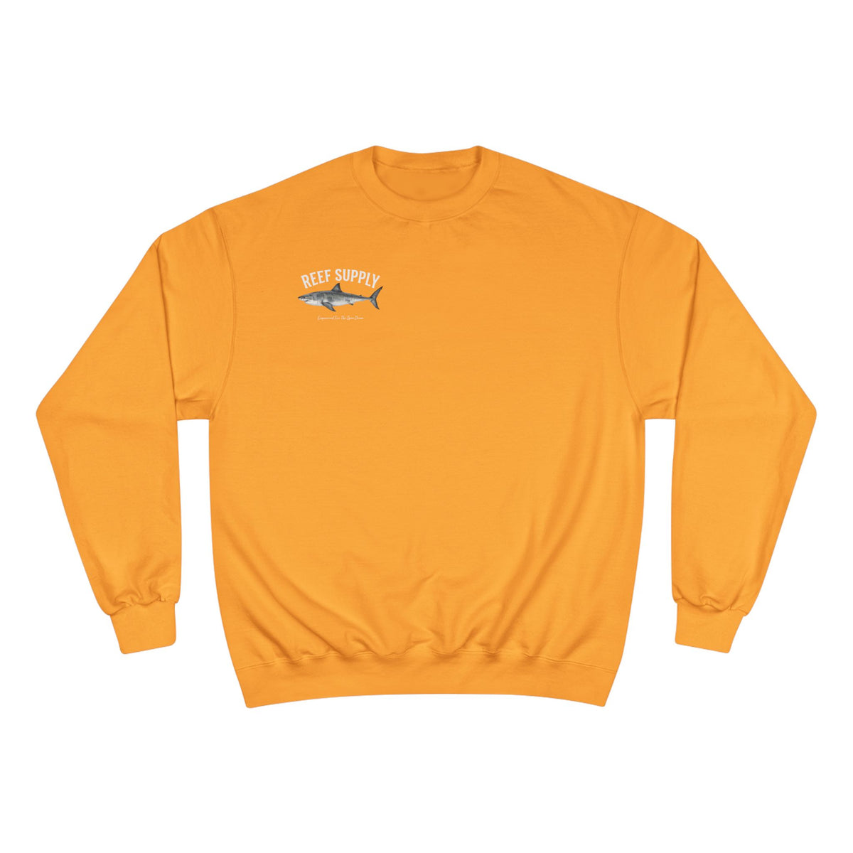 Yellow Reef Supply Champion Great White crewneck sweatshirt with a shark graphic on the chest