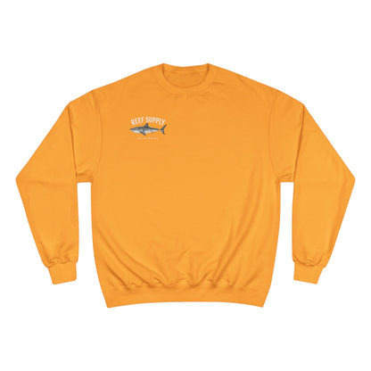Yellow Reef Supply Champion Great White crewneck sweatshirt with a shark graphic on the chest