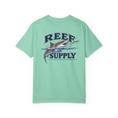 Back of a mint green Reef Supply Tiger Tee featuring a shark graphic and 'REEF SUPPLY' text.