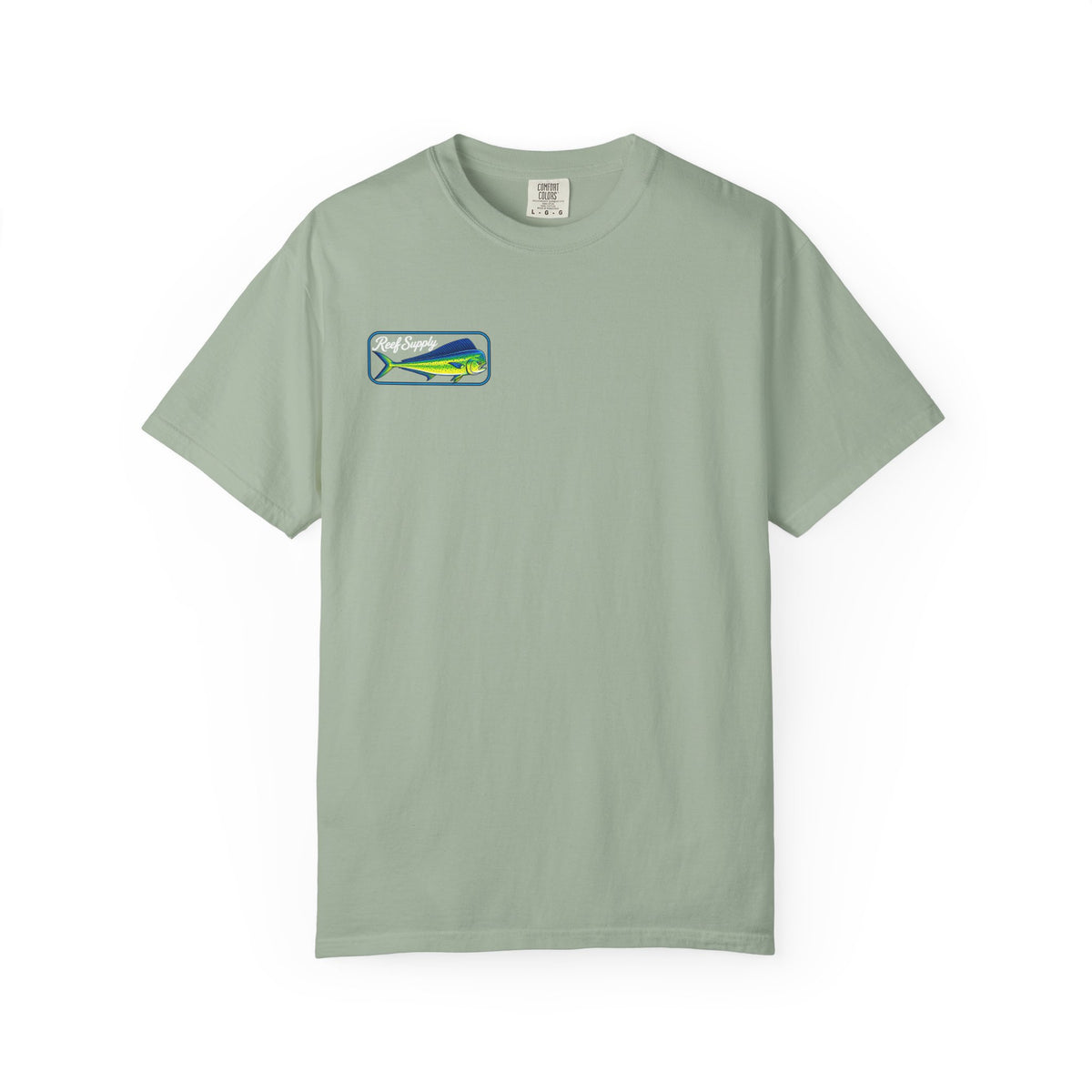 Sage green Reef Supply Mahi Frenzy Tee with a mahi-mahi fish graphic on the chest
