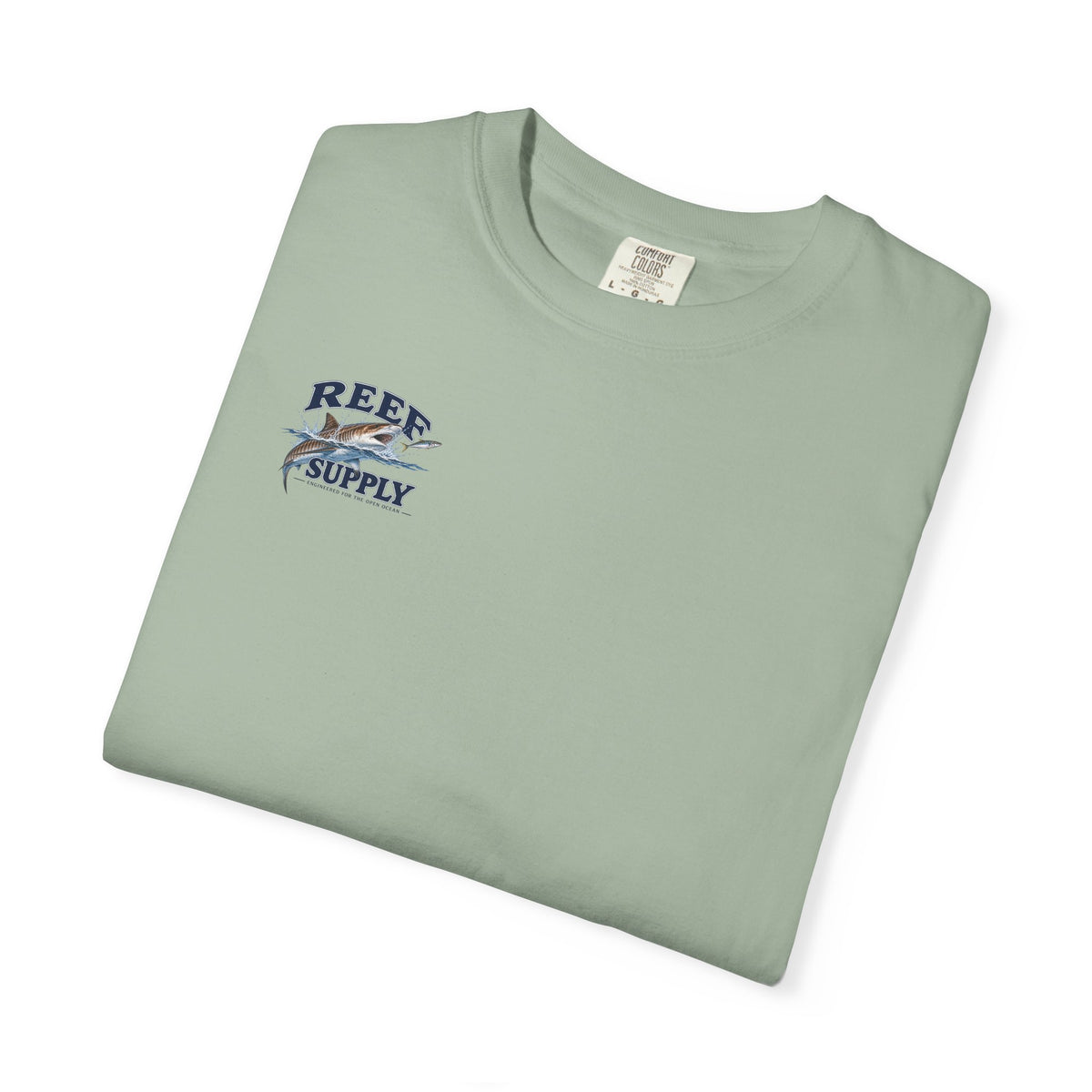 Pale green Reef Supply Tiger Tee with a graphic logo of a tiger fish.