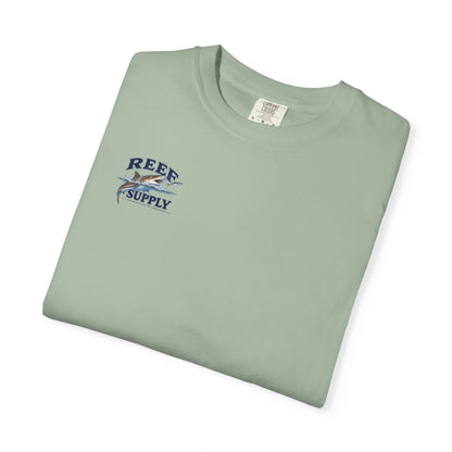 Pale green Reef Supply Tiger Tee with a graphic logo of a tiger fish.