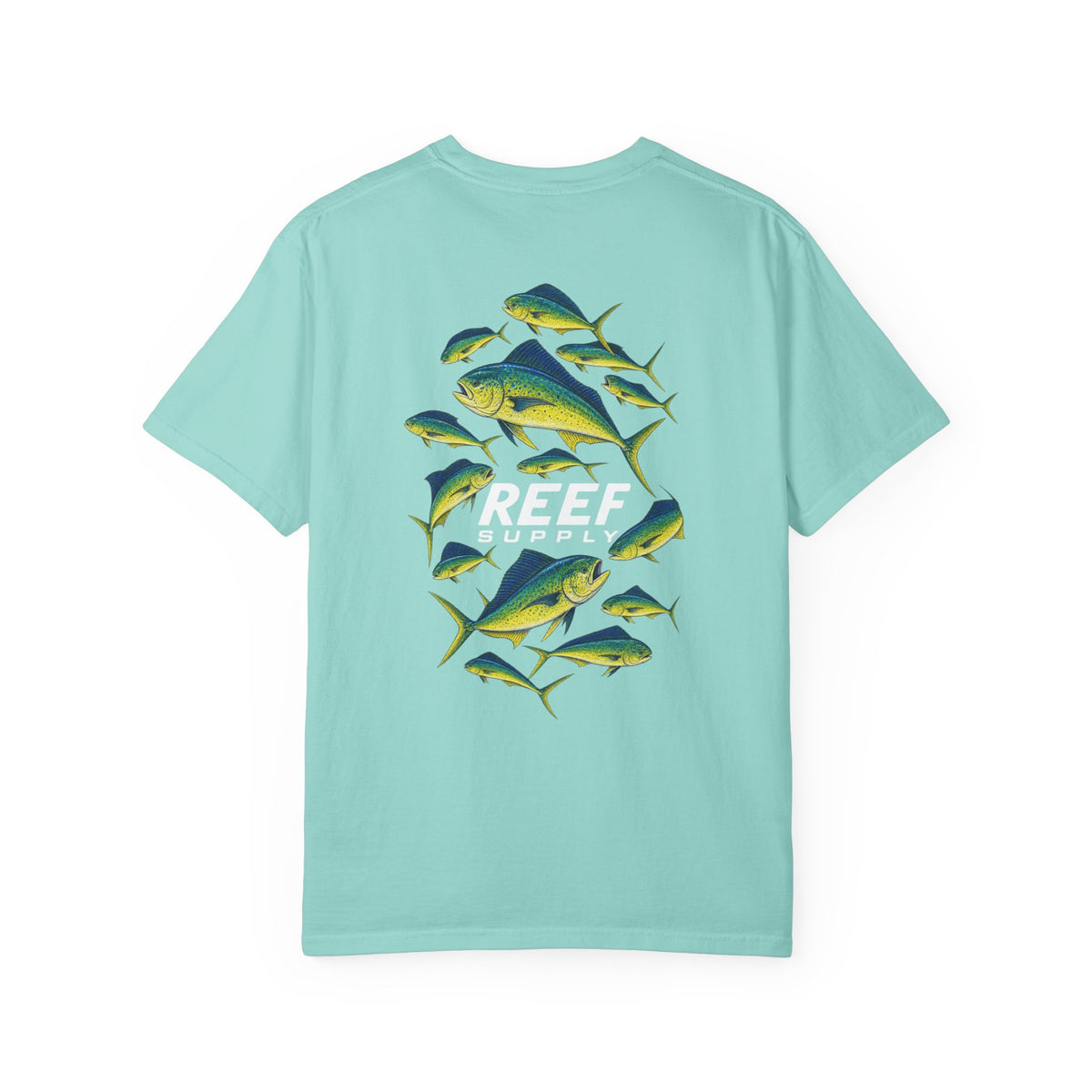 Light blue t-shirt featuring a Mahi Mahi fish pattern and Reef Supply logo on the back.