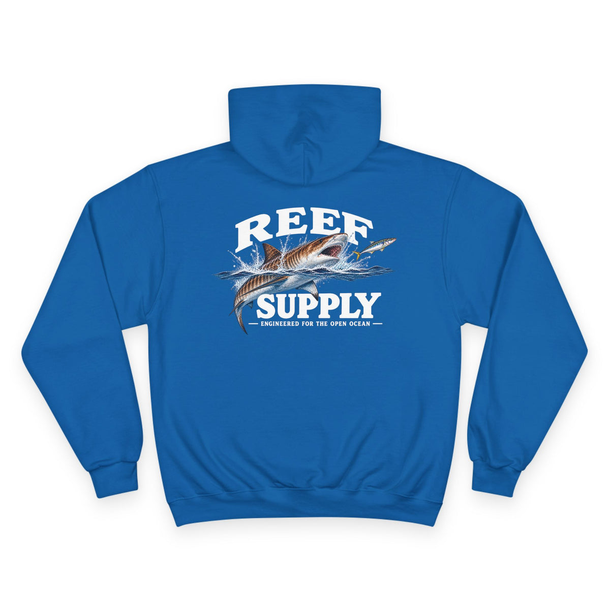 Back view of a blue Reef Supply hoodie featuring a tiger shark graphic and text.
