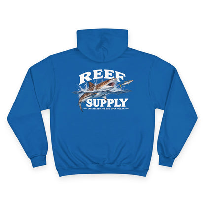 Back view of a blue Reef Supply hoodie featuring a tiger shark graphic and text.