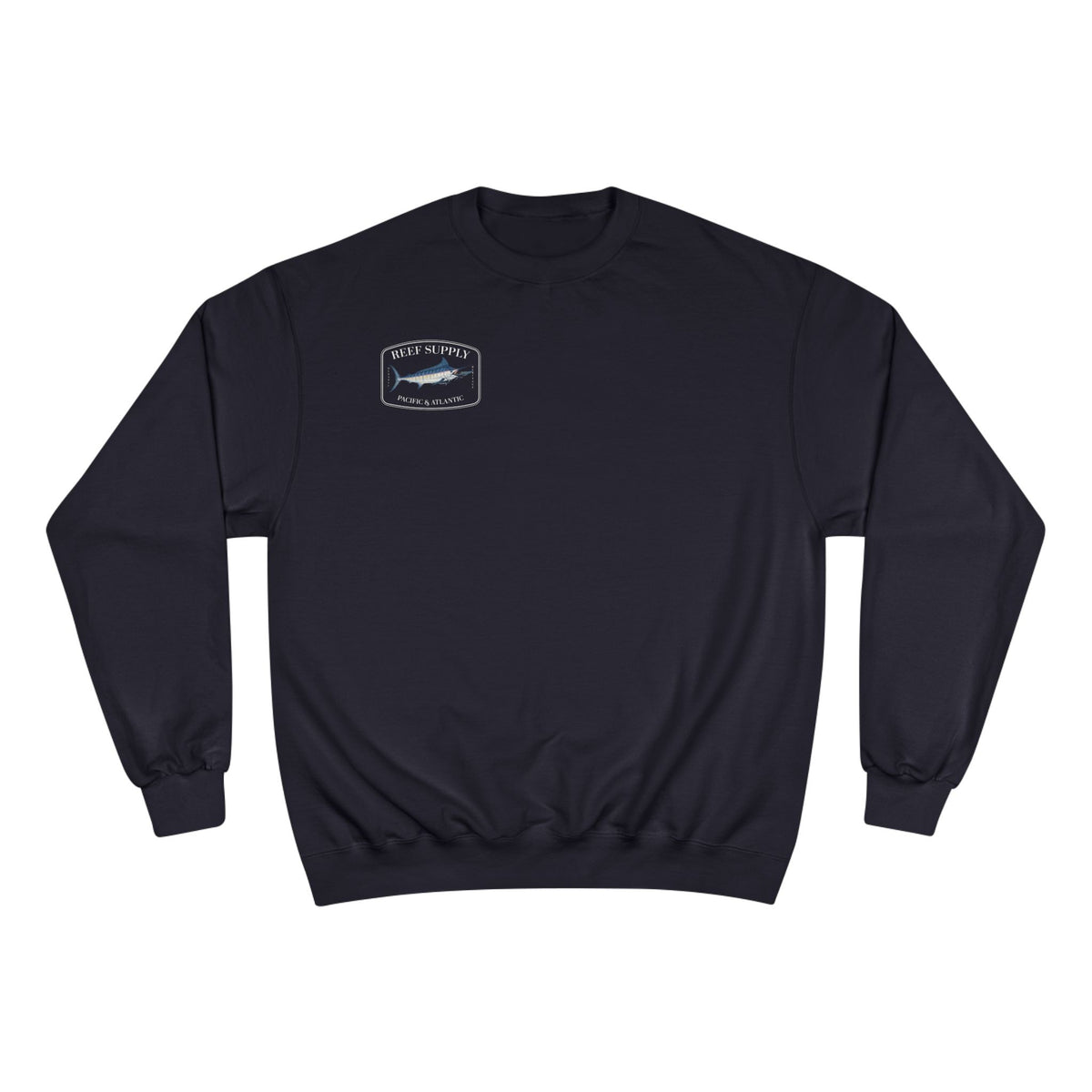 Navy blue Reef Supply Champion Marlin crewneck sweatshirt with marlin logo on chest.