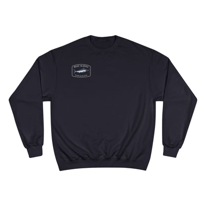 Navy blue Reef Supply Champion Marlin crewneck sweatshirt with marlin logo on chest.
