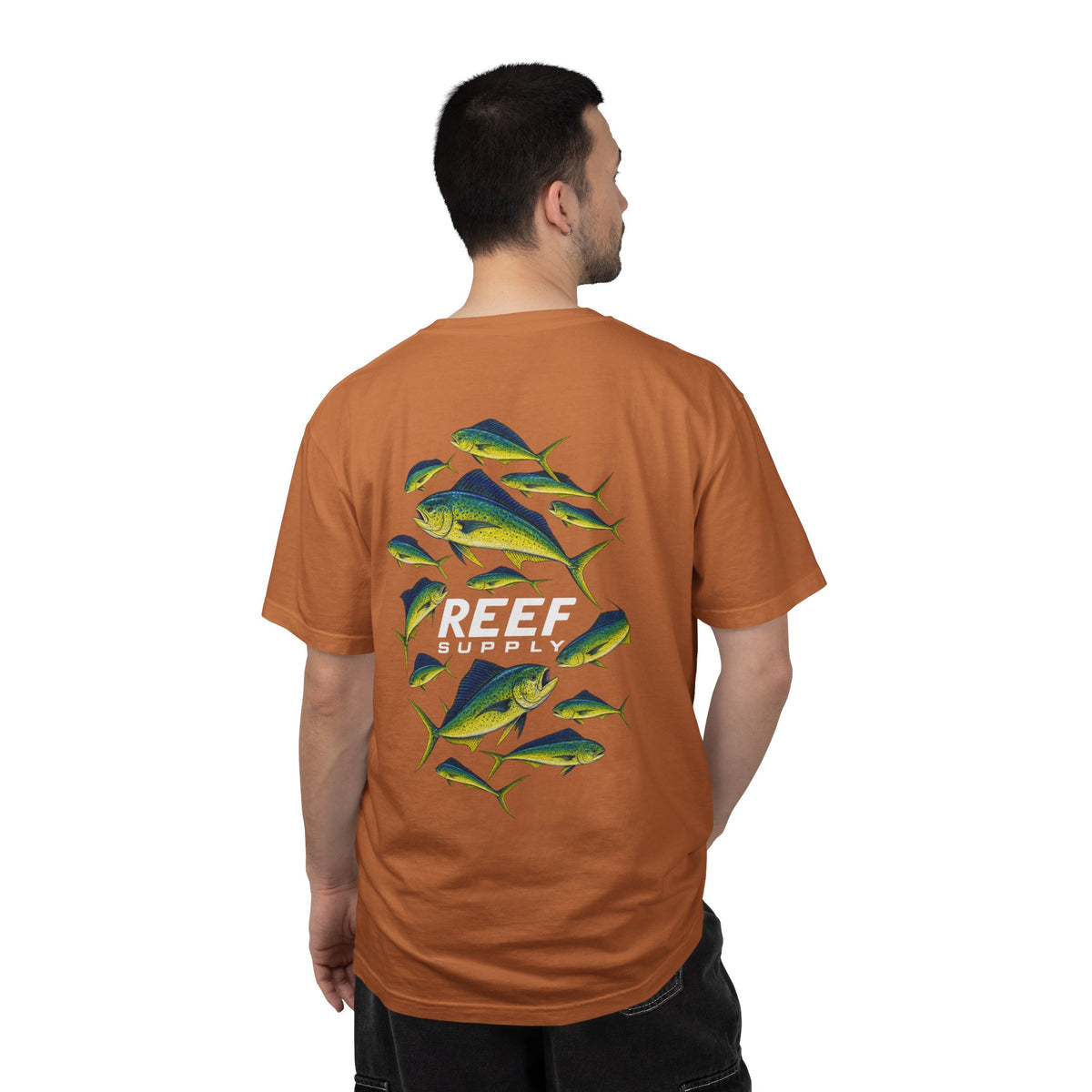 Back view of a man wearing a brown Mahi Frenzy Tee featuring a colorful mahi-mahi fish graphic.