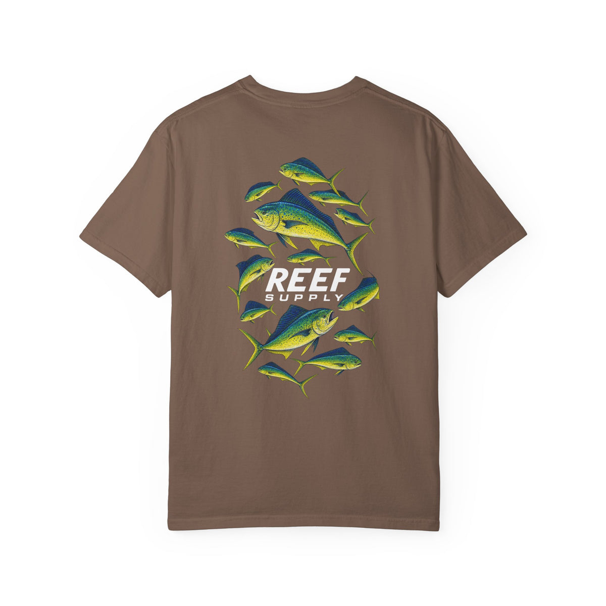 Back view of Reef Supply Mahi Frenzy Tee featuring a colorful mahi-mahi fish graphic.