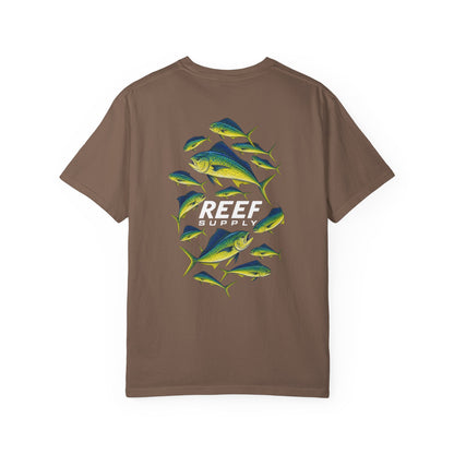 Back view of Reef Supply Mahi Frenzy Tee featuring a colorful mahi-mahi fish graphic.