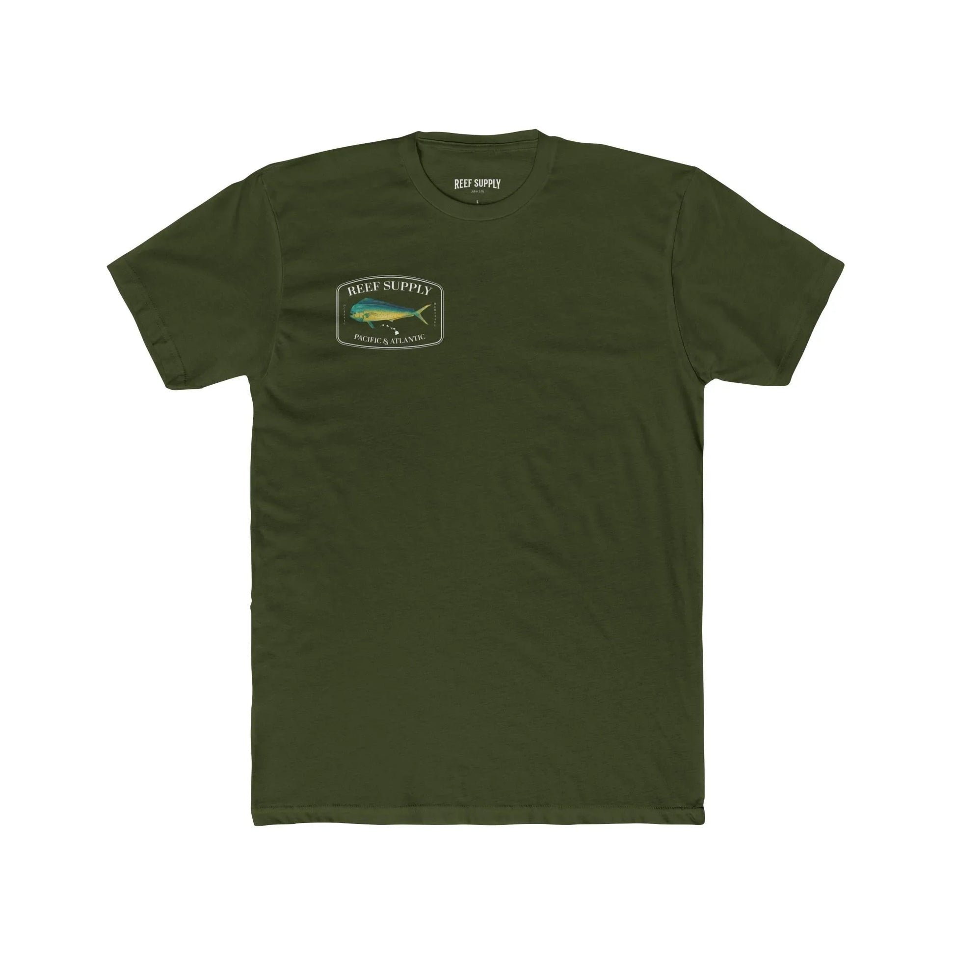 Reef Supply Co olive green front mahi mahi fishing t shirt featuring colorful dolphin fish artwork inspired by offshore saltwater fishing

