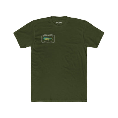 Reef Supply Co olive green front mahi mahi fishing t shirt featuring colorful dolphin fish artwork inspired by offshore saltwater fishing
