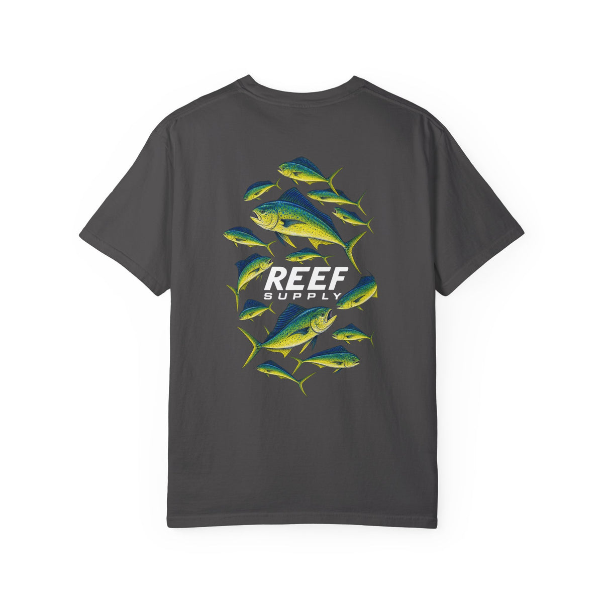 Back view of a charcoal grey Mahi Frenzy Tee featuring a colorful mahi mahi fish graphic.