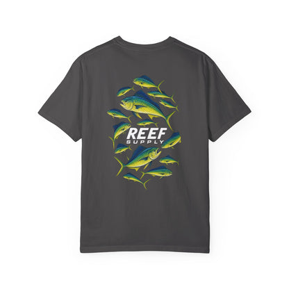 Back view of a charcoal grey Mahi Frenzy Tee featuring a colorful mahi mahi fish graphic.