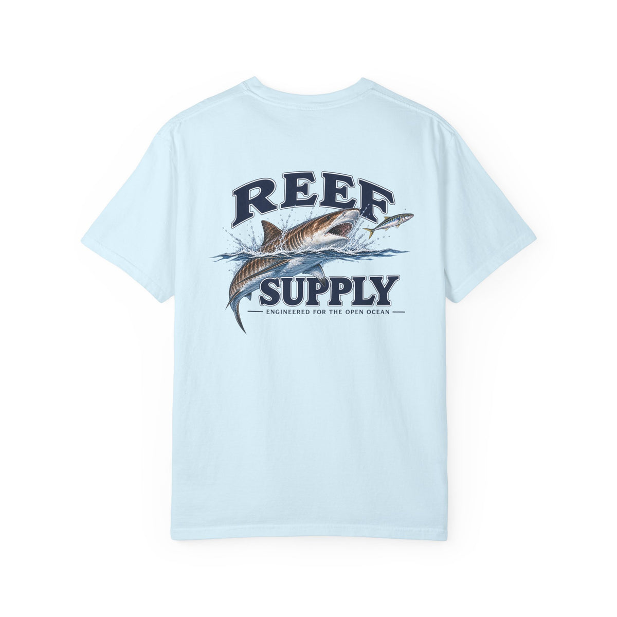 Light blue Tiger Tee featuring a shark graphic and Reef Supply logo.